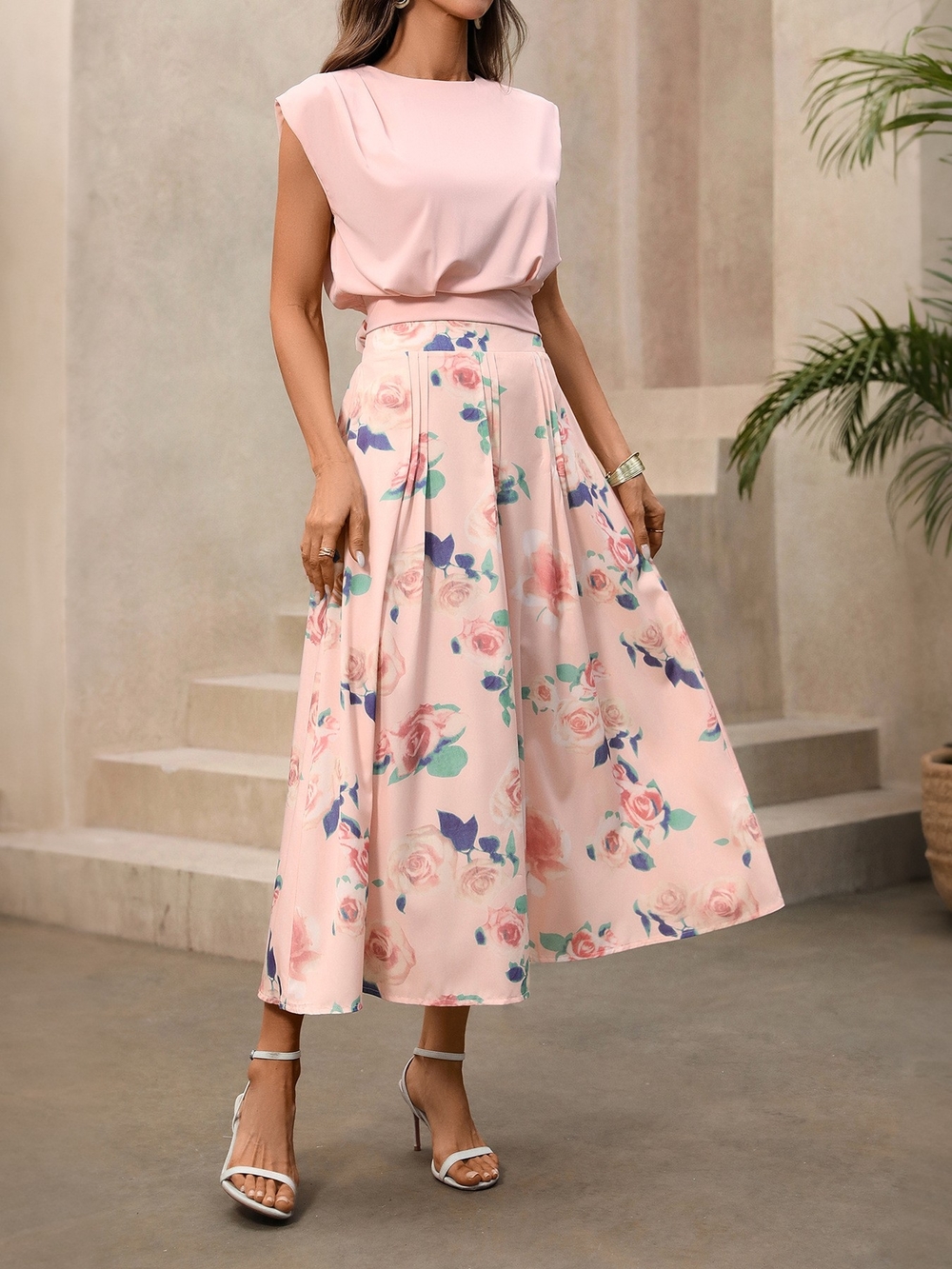 Elegant Pink Floral A-Line Midi Skirt